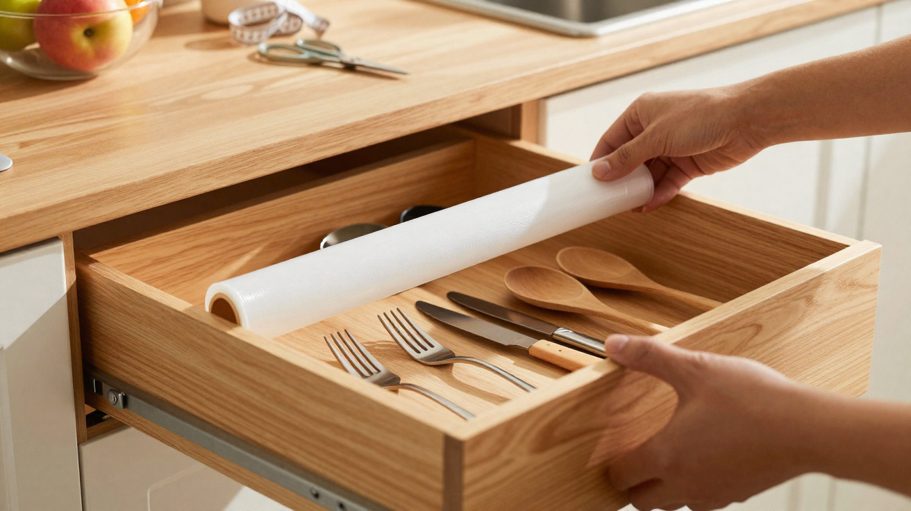Gaveta de cozinha em madeira com talheres, colheres de pau e mãos a colocar um rolo de papel.