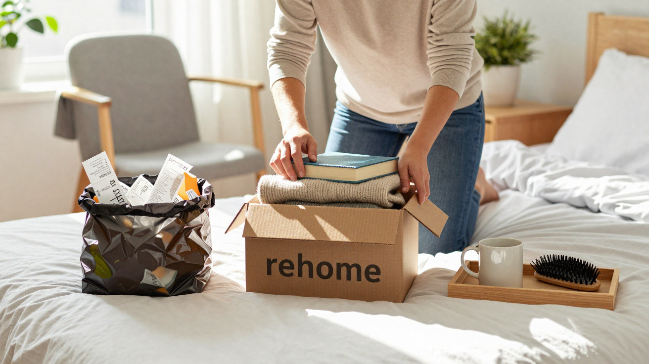 Pessoa a colocar roupas e livros numa caixa de papelão marcada com "rehome" numa cama iluminada.