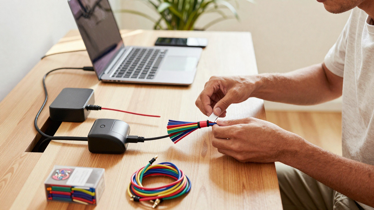 Pessoa a organizar cabos de diversas cores numa secretária com computador portátil e plantas ao fundo.