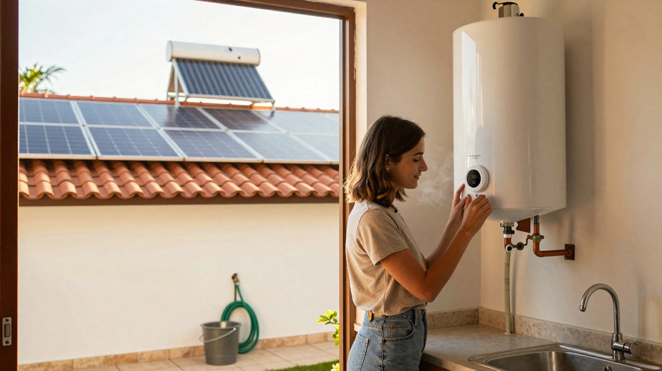Mulher ajusta termostato de um esquentador, com painéis solares visíveis no telhado ao fundo.