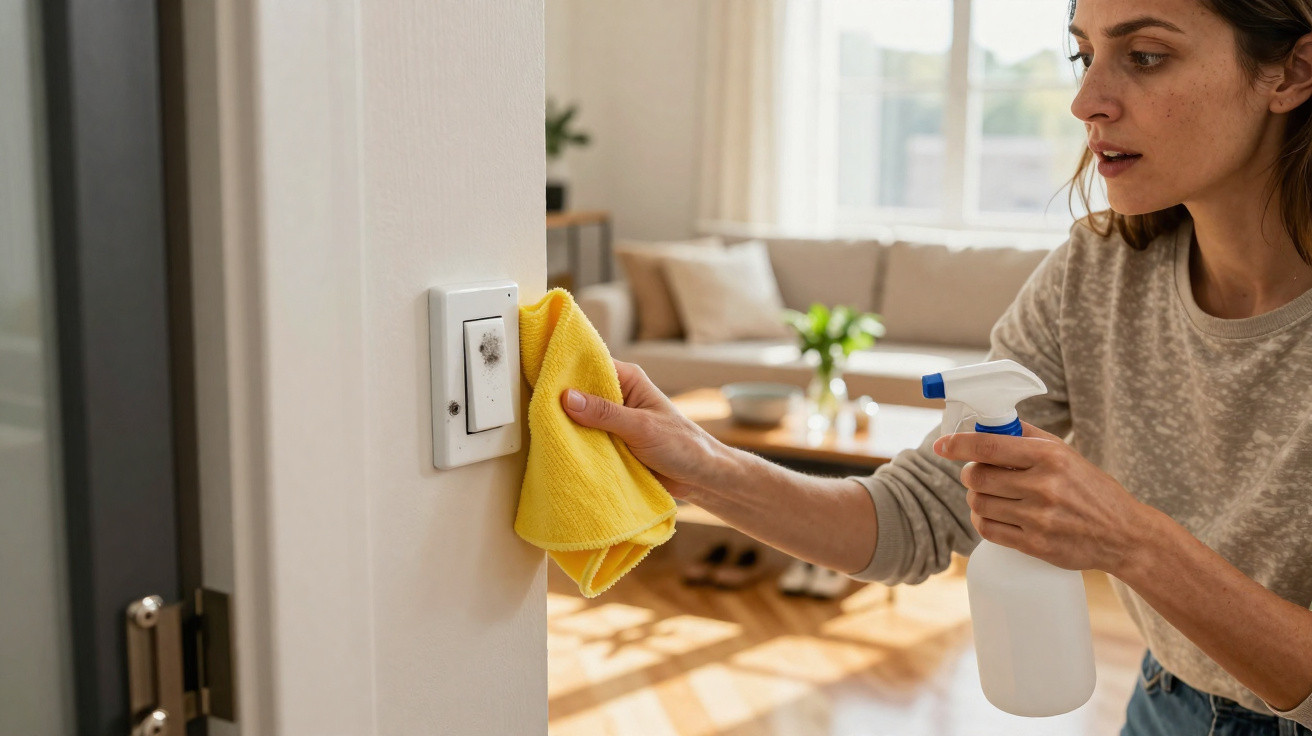 Mulher a limpar um interruptor de luz com um pano amarelo e spray, em sala iluminada e acolhedora.