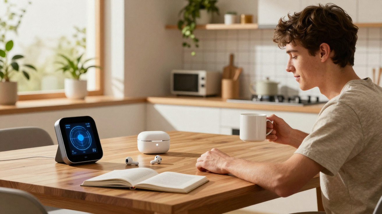Jovem sentado à mesa na cozinha com chávena, livro aberto, auscultadores e dispositivo digital com ecrã tátil.