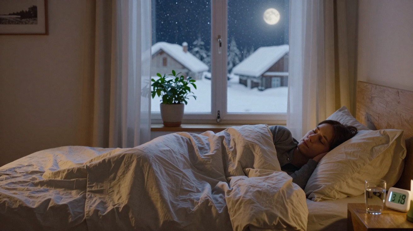 Pessoa a dormir numa cama junto à janela com vista para uma noite de neve e lua cheia.
