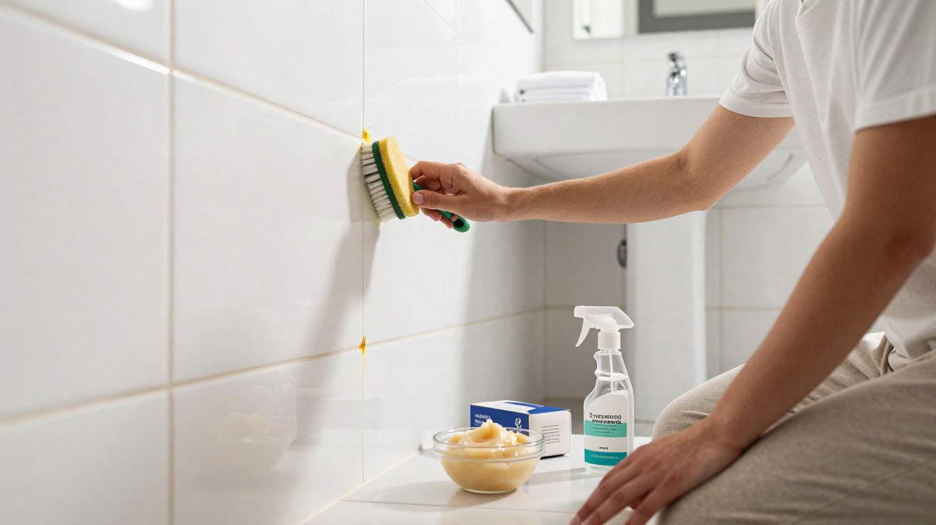 Pessoa a limpar juntas amareladas de azulejos de uma parede branca com escova e produtos de limpeza.