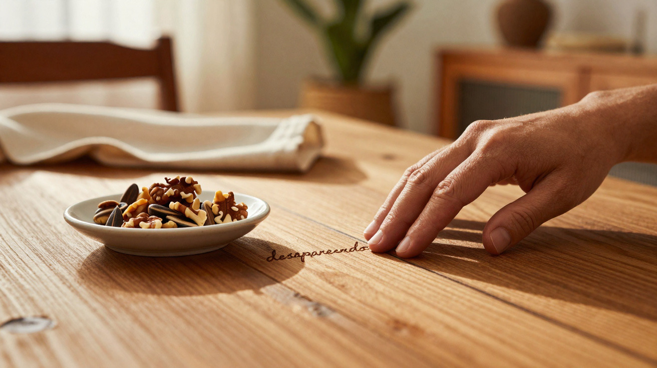 Mão aproximando-se de um prato com pequenos doces em cima de uma mesa de madeira clara.