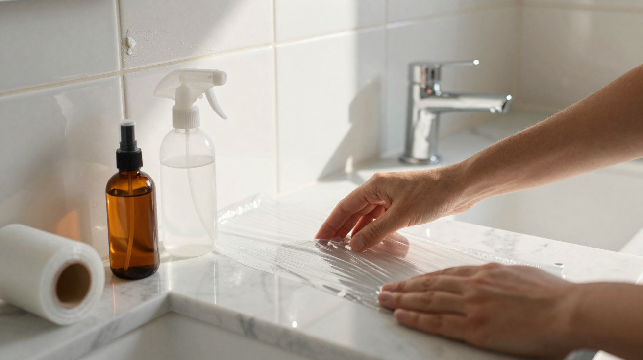 Mãos a colocar película transparente num balcão de mármore, com frascos de spray e borrifador ao lado.