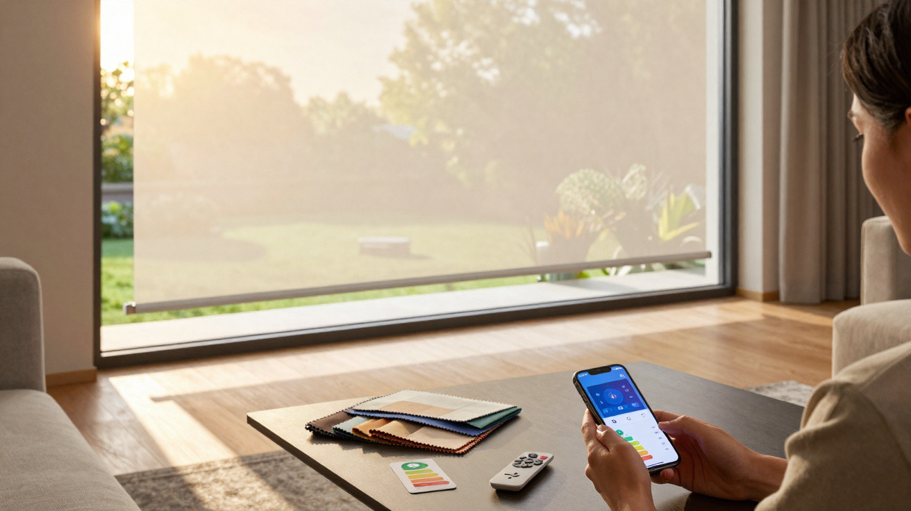 Pessoa a controlar um estore inteligente com um smartphone numa sala moderna com muita luz natural.