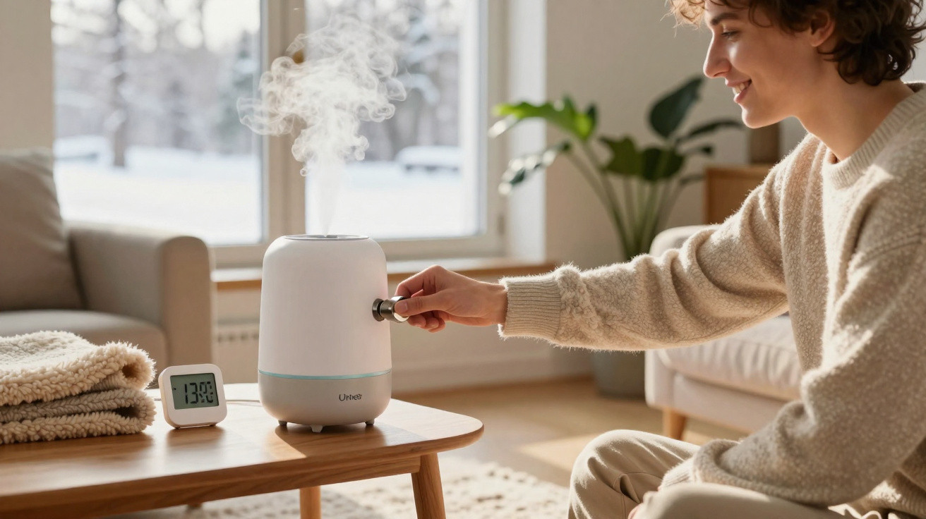 Pessoa ajusta humidificador a funcionar numa mesa com toalhas dobradas e relógio digital à vista.