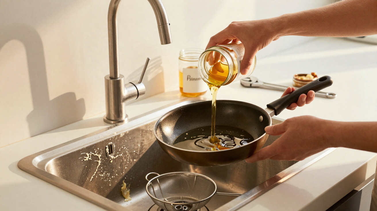 Mãos a verter mel de frasco para frigideira sobre pia de cozinha com utensílios ao fundo.