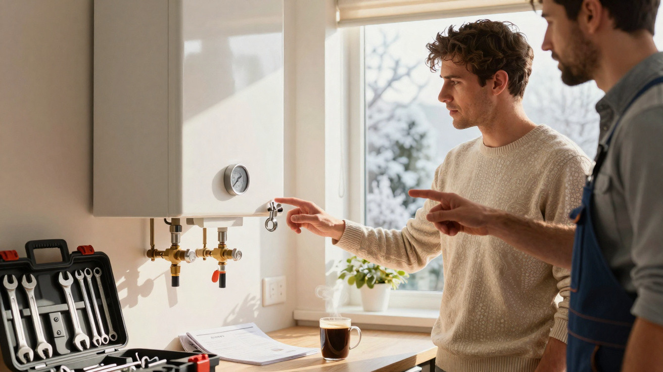 Dois homens junto a um aquecedor de água, com uma caixa de ferramentas aberta e uma chávena de café na mesa.