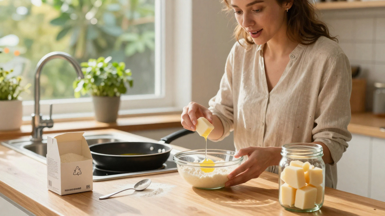 Mulher a preparar massa na cozinha, a partir manteiga para uma tigela de vidro com farinha.