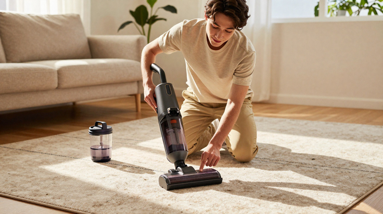 Homem a aspirar tapete bege numa sala iluminada com aspirador sem fios preto.