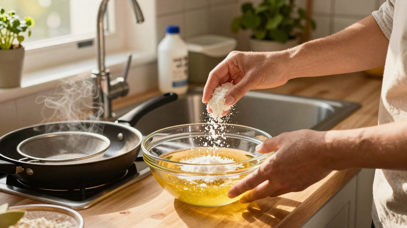 Mãos a preparar massa num recipiente de vidro na cozinha, com frigideira a fumegar ao fundo.
