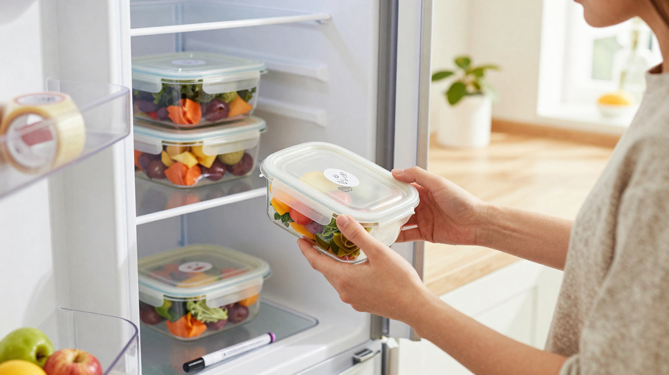 Mãos a colocar recipiente com salada colorida no frigorífico com outros recipientes semelhantes.
