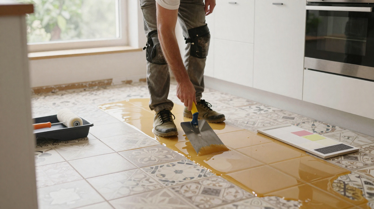 Pessoa a aplicar cola numa nova área de chão com azulejos amarelos numa cozinha.