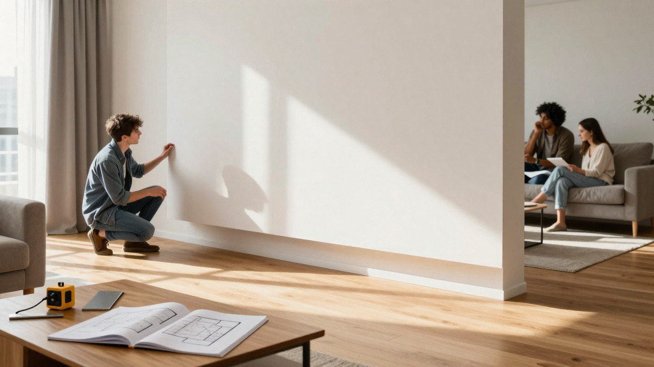 Homem a analisar parede branca numa sala moderna, casal sentado em sofá ao fundo e plantas decorativas.