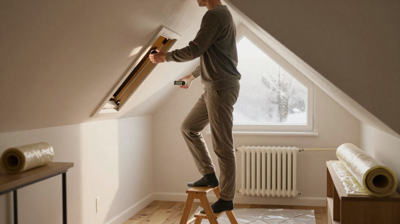 Homem em escadote a instalar ou fechar uma janela de sótão num quarto com chão de madeira clara.