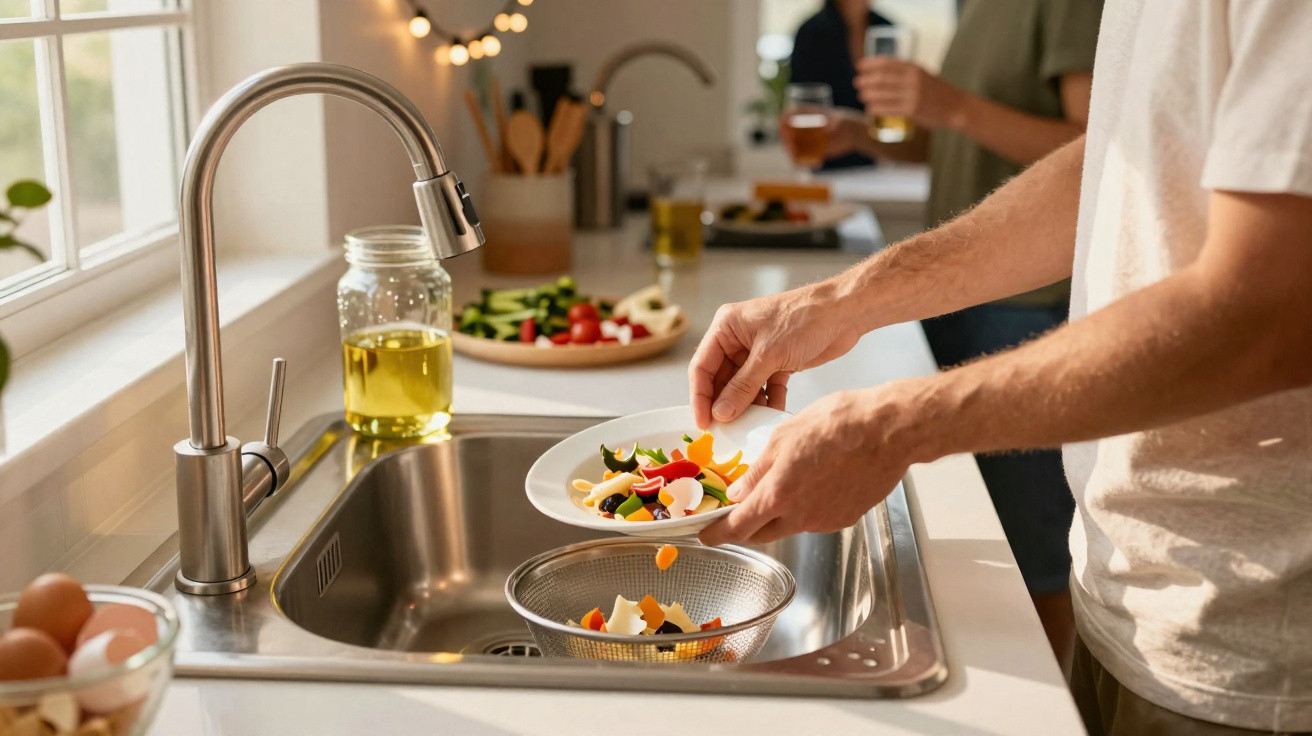 Pessoa a lavar legumes numa pia de cozinha moderna com outras pessoas ao fundo numa reunião social.