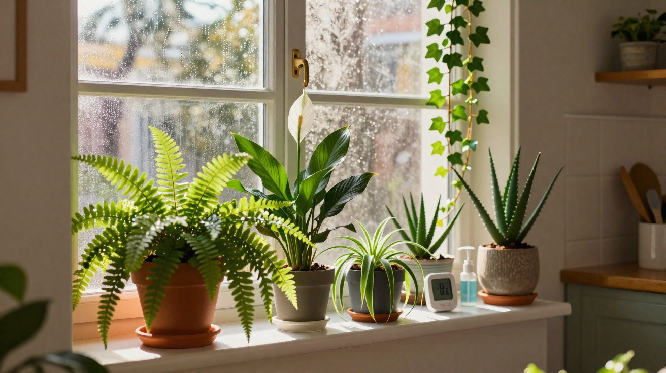 Plantas verdes em vasos numa janela com gotas de chuva, ao lado de um termómetro digital e frascos de líquido.