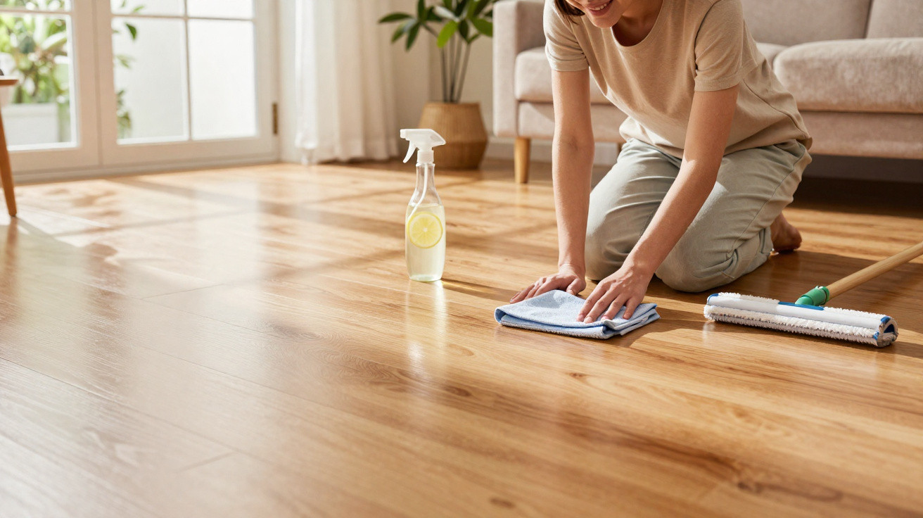 Pessoa a limpar chão de madeira com pano azul e produto de limpeza com limão num frasco spray.