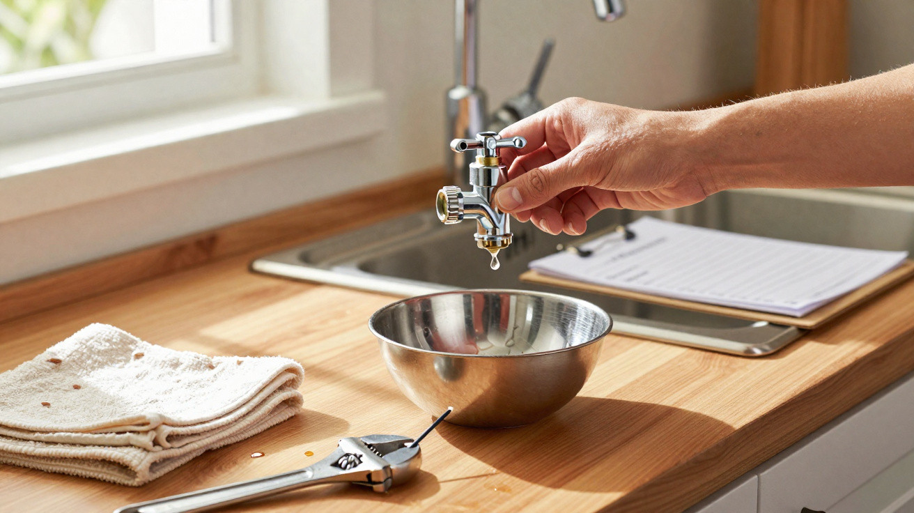 Mão a abrir torneira com gota de água a cair para dentro de tigela metálica numa bancada de cozinha.