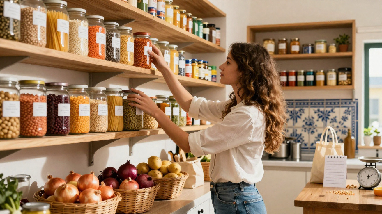 Mulher a organizar frascos com alimentos secos em prateleiras numa cozinha luminosa e organizada.