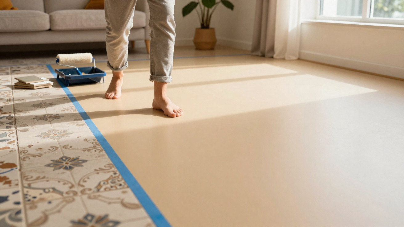 Pessoa a pintar chão de azulejos com tinta bege, com fita azul a separar as áreas, em sala iluminada.