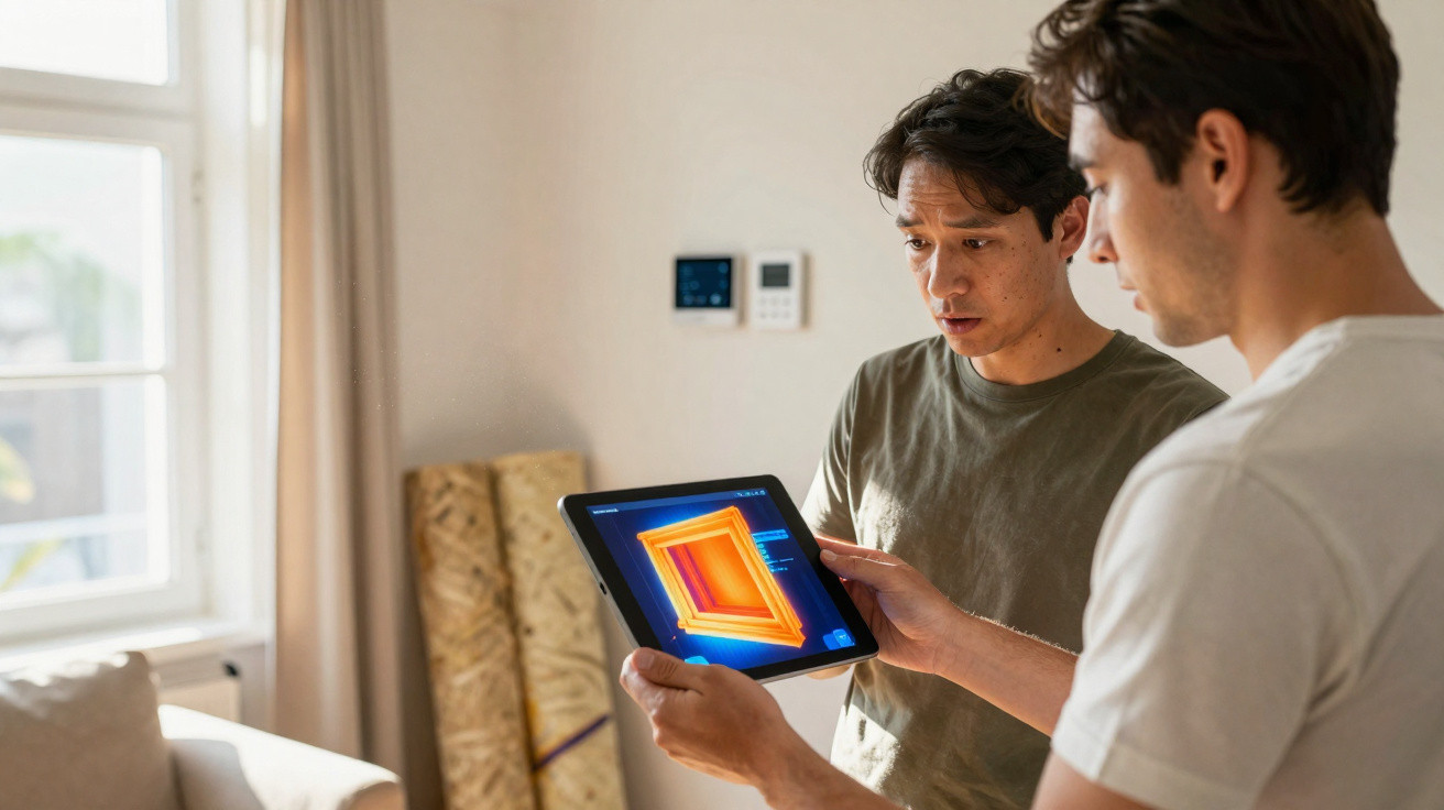 Dois homens a analisar uma representação gráfica térmica num tablet dentro de uma sala.