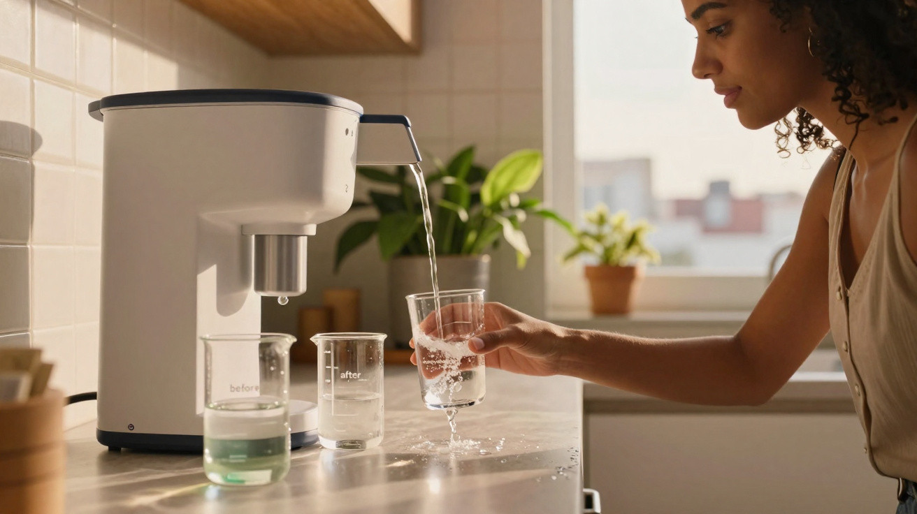 Pessoa a encher copo de água numa máquina de purificação de água numa cozinha luminosa.