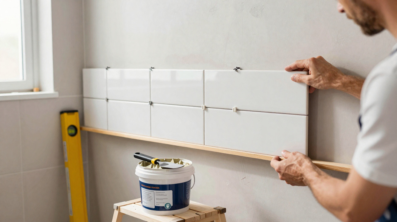 Pessoa a instalar azulejos brancos numa parede com ferramentas de bricolagem próximas.