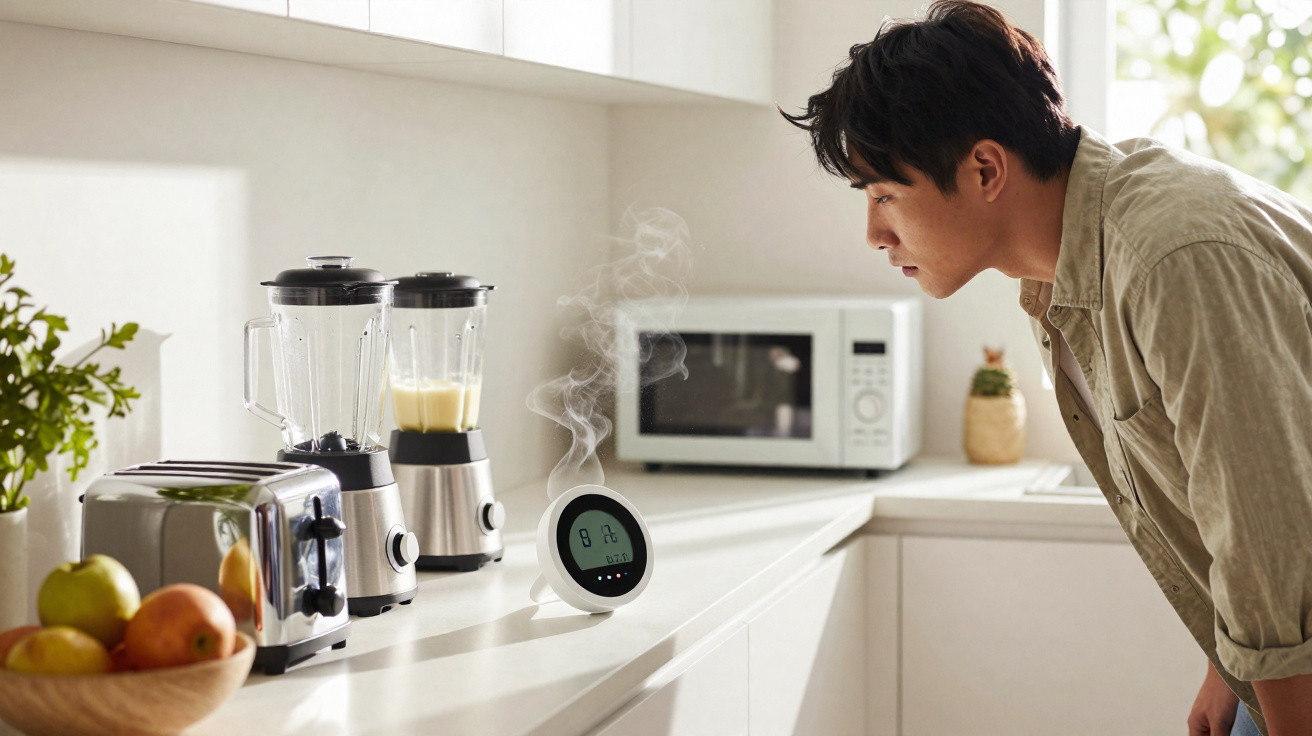 Homem observa aparelho digital na cozinha moderna com liquidificadores e torradeira na bancada.