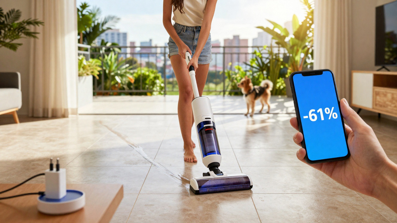 Pessoa a aspirar chão de tecto com aparelho moderno, telemóvel a mostrar desconto de 61% e cão ao fundo.
