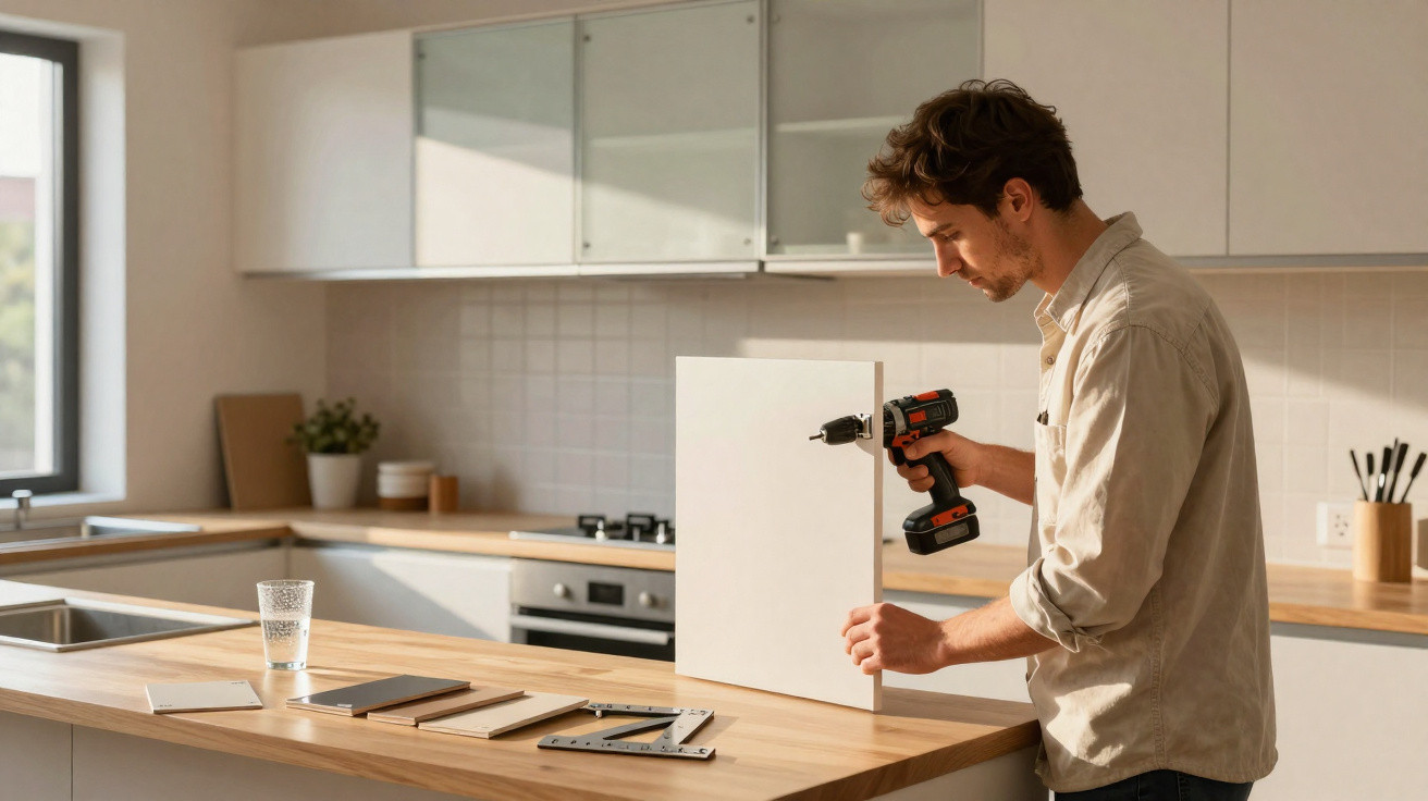Homem jovem a montar móvel de cozinha com ferramenta elétrica numa cozinha moderna iluminada.