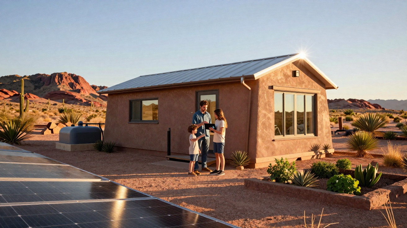Casa ecológica com painéis solares num ambiente desértico, com um homem e duas crianças a conversar.