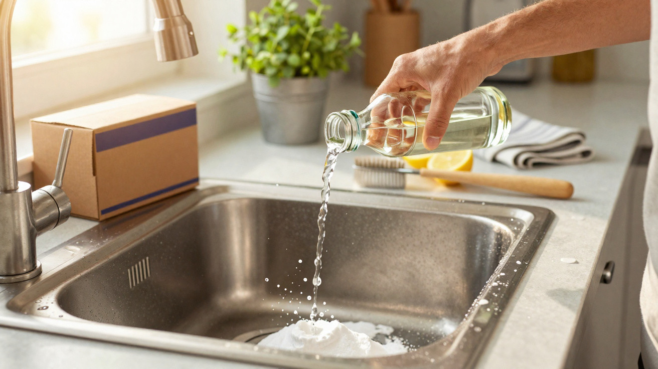 Pessoa a verter líquido de garrafa transparente numa pia de cozinha de inox, com limpa-vidros e esfregão no fundo.