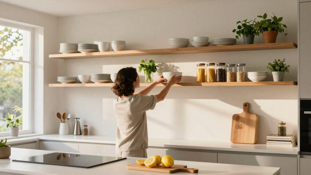 Pessoa a arrumar uma tigela branca numa prateleira de cozinha com pratos, legumes e plantas.