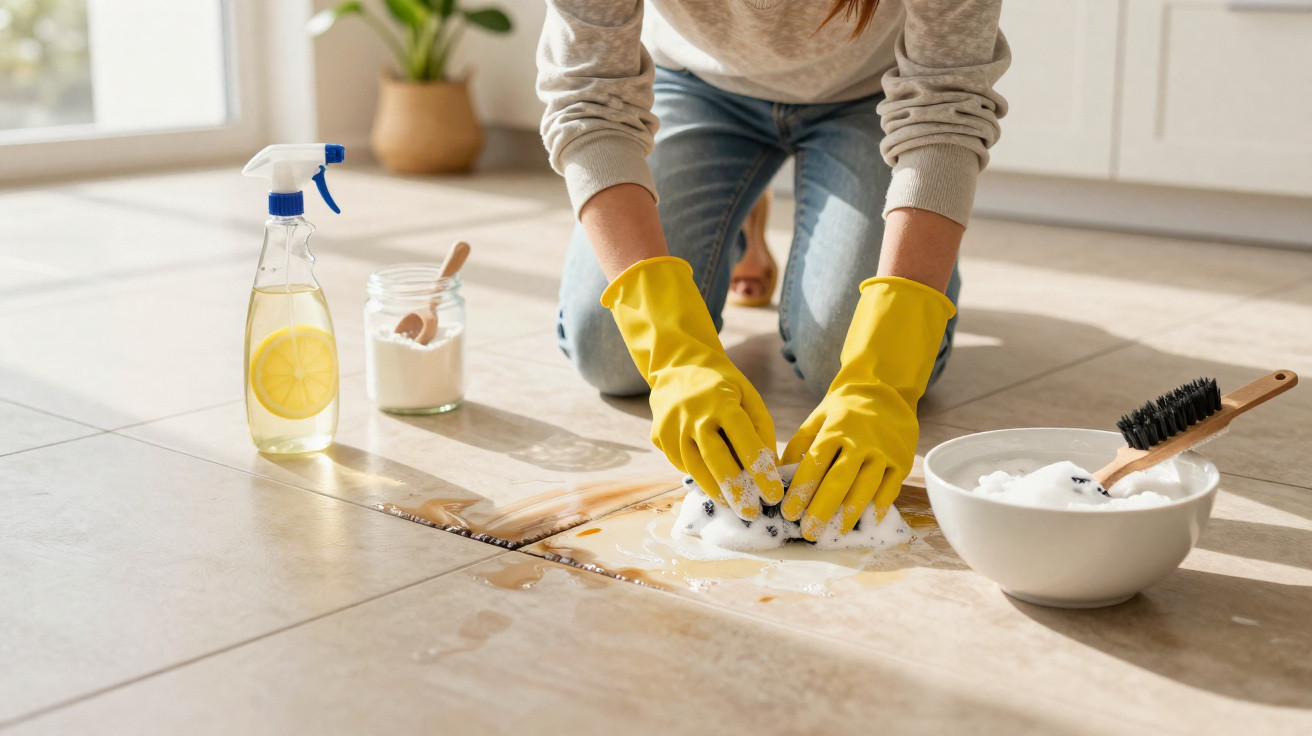 Pessoa a limpar chão de azulejos com esponja, luvas amarelas e produtos de limpeza caseiros.