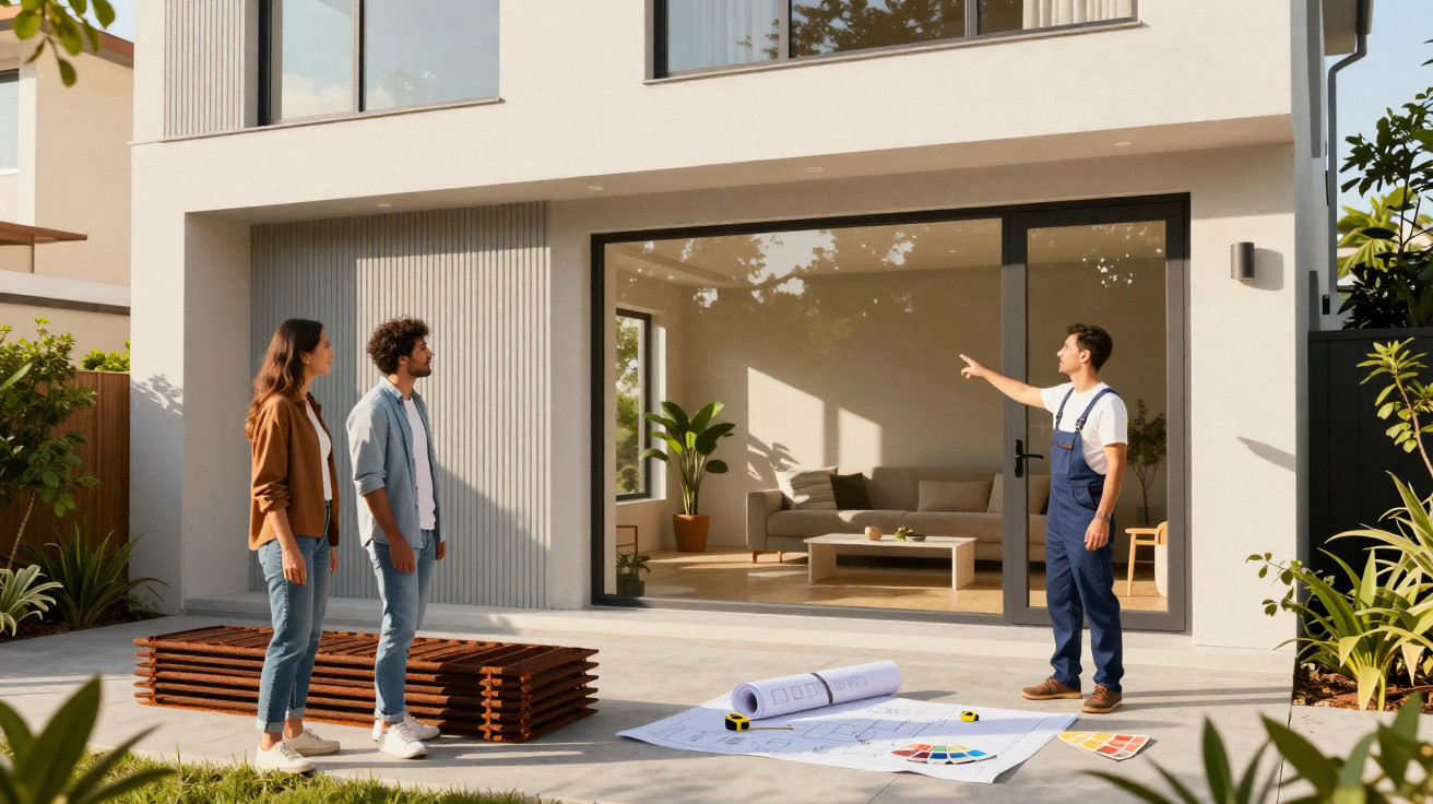 Casal observa trabalhador em obras que explica detalhes junto a plantas e materiais em casa moderna.