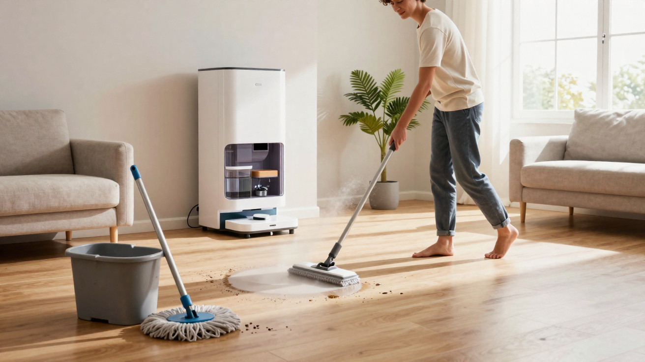Pessoa a usar esfregona elétrica para limpar chão de madeira numa sala com dois sofás e planta.