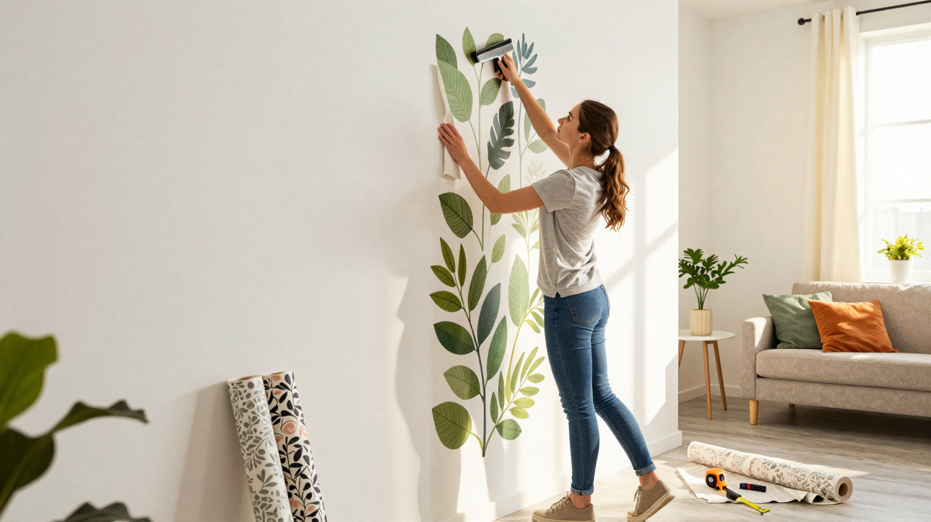 Mulher a aplicar decalque de folhas verdes numa parede branca numa sala luminosa.