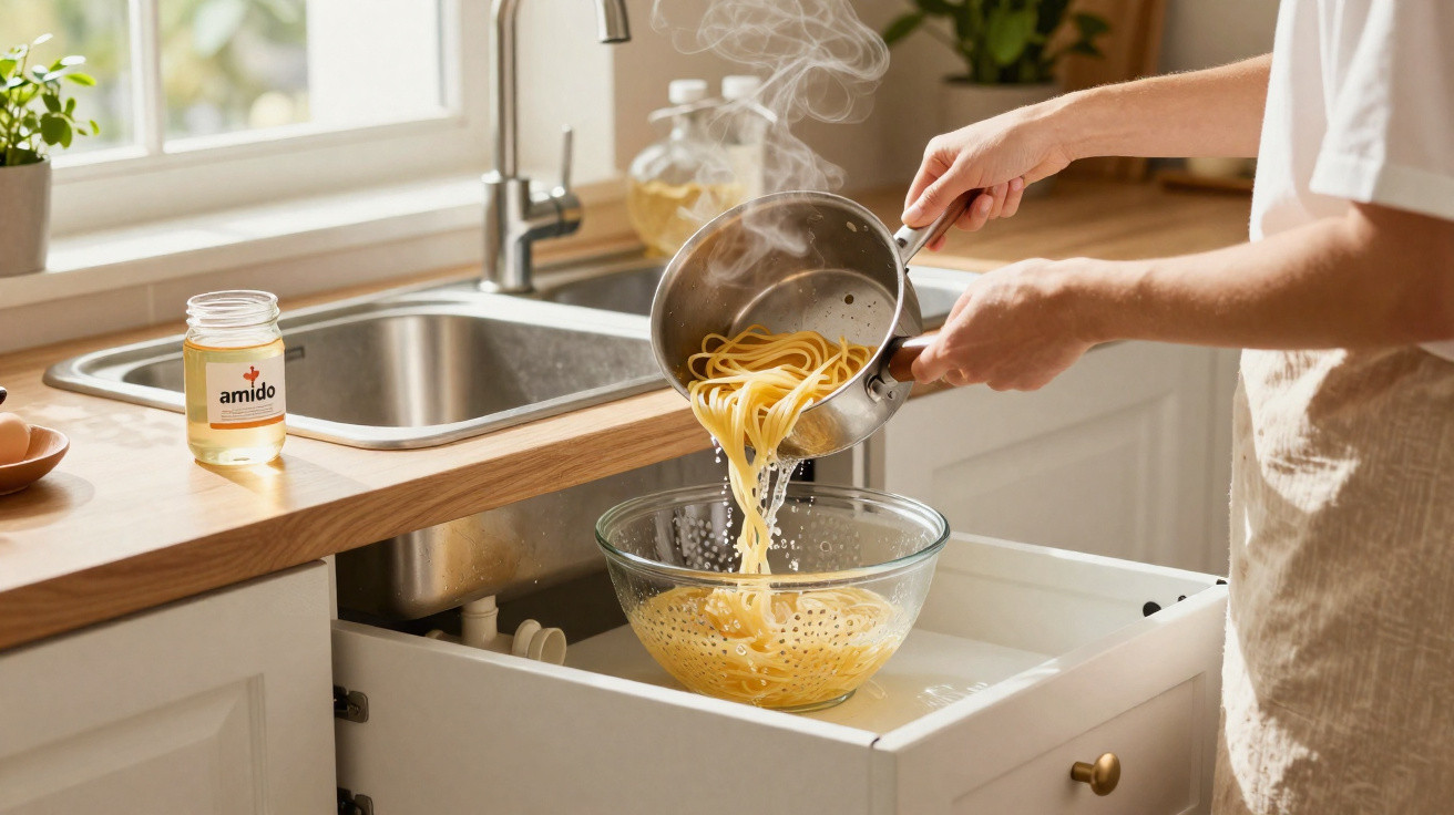 Pessoa a coar esparguete quente numa taça de vidro num armário da cozinha.