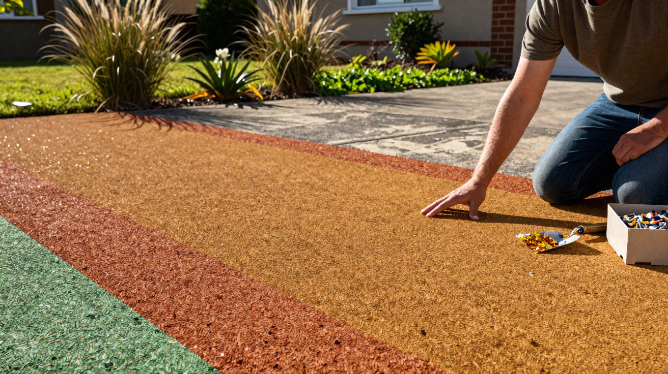 Pessoa a colocar piso de borracha colorida em área exterior junto a jardim e calçada.