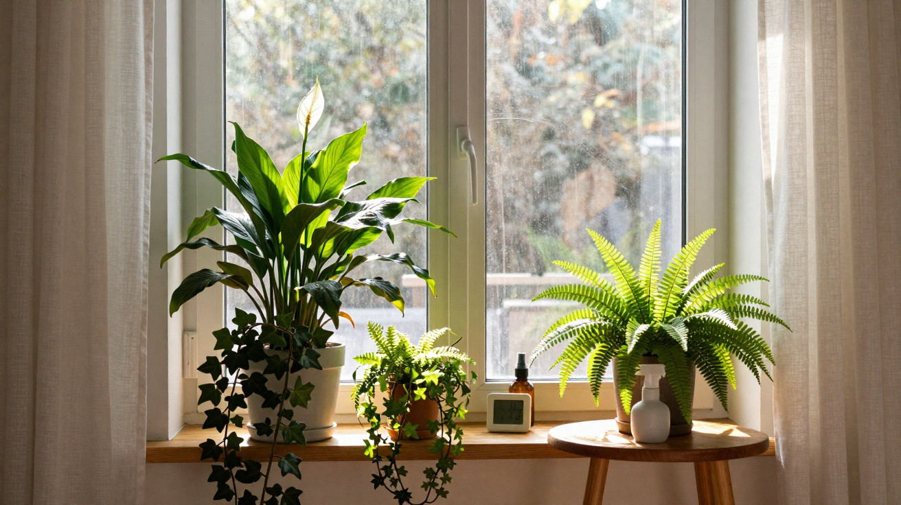 Três plantas verdes em vasos em peitoris de janelas com cortinas brancas e luz natural suave.