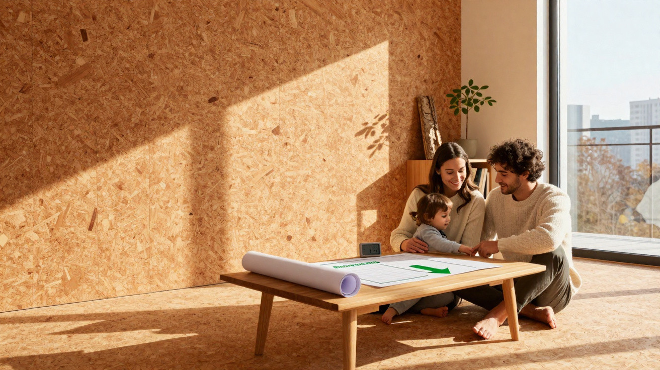 Família sentada no chão ao redor de mesa baixa com planta e decoração minimalista em sala iluminada.