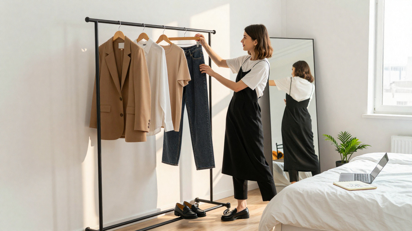 Jovem mulher a escolher roupa numa montra dentro de um quarto luminoso e moderno.