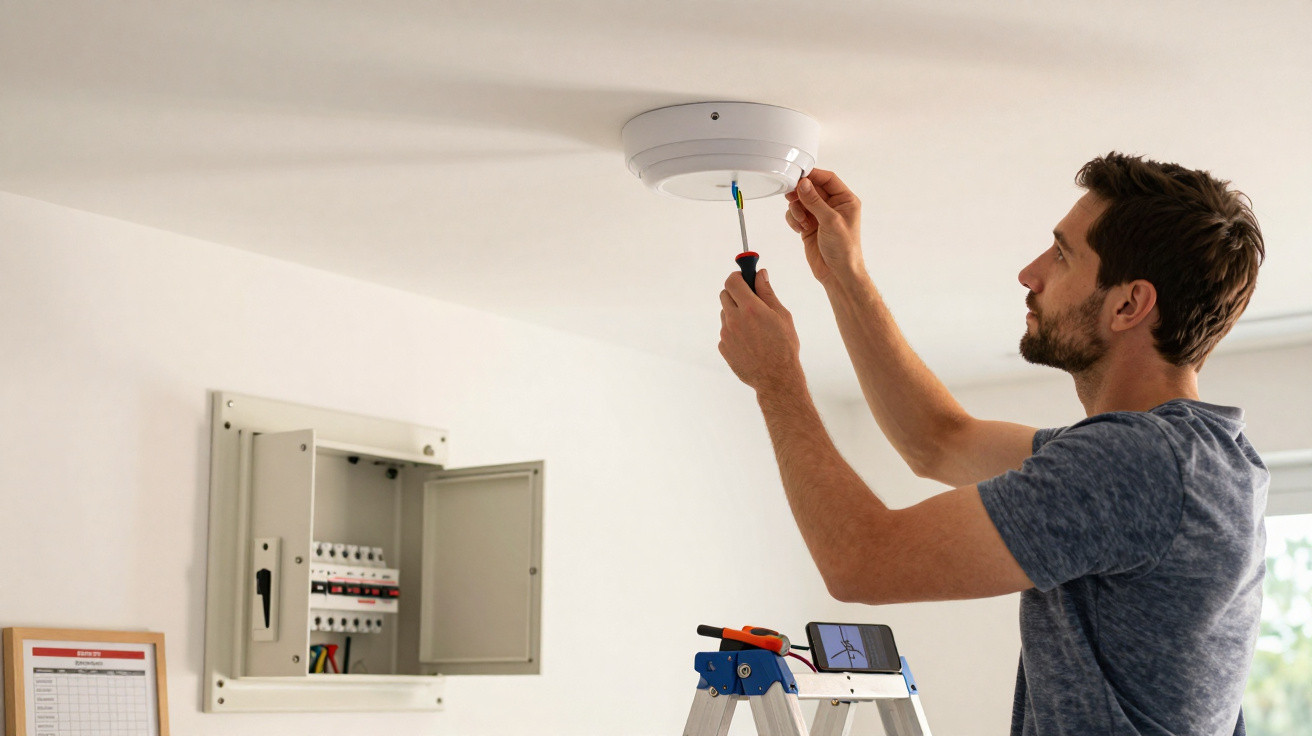 Homem a instalar detector de fumo no teto, usando chave de fendas, ao lado de quadro elétrico aberto.