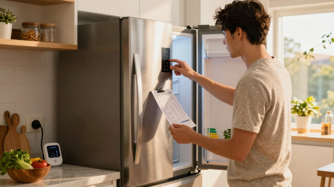 Homem ajusta frigorífico inox enquanto segura lista de compras numa cozinha iluminada.