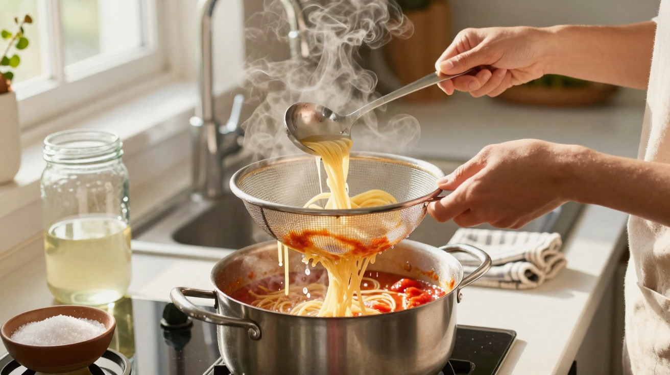 Pessoa a escorrer esparguete quente num passador sobre tacho com molho de tomate na cozinha.