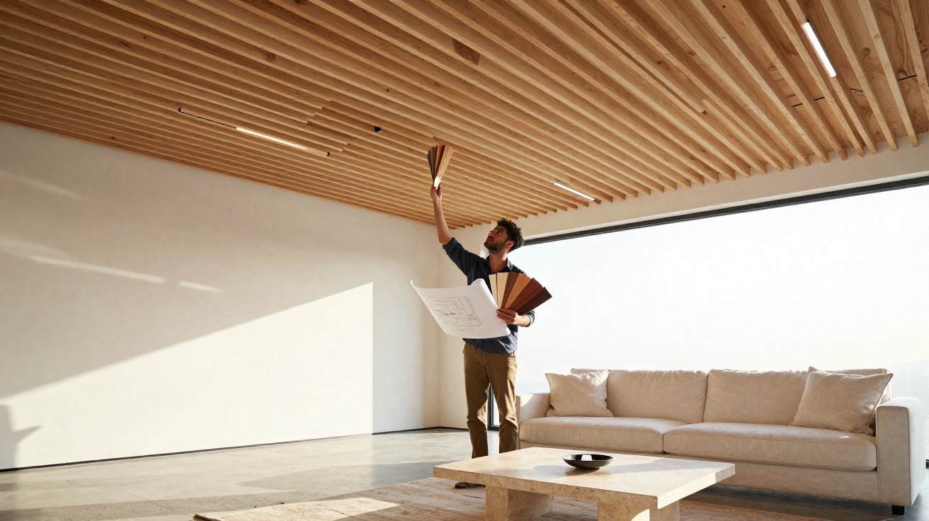 Homem a escolher painéis de madeira para teto numa sala moderna minimalista com sofá e mesa baixa.
