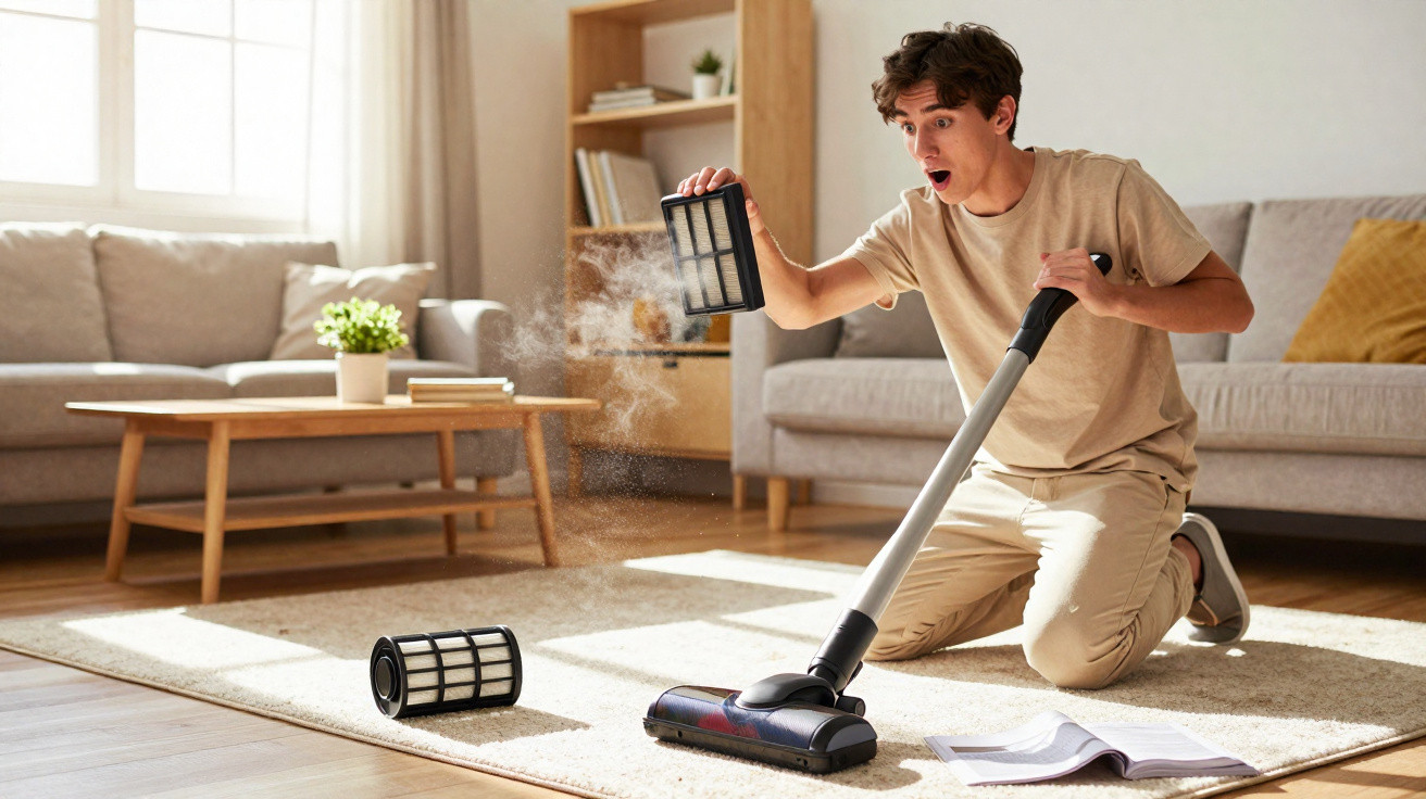 Homem surpreendido a limpar um filtro de aspirador solto, libertando poeira numa sala de estar luminosa.